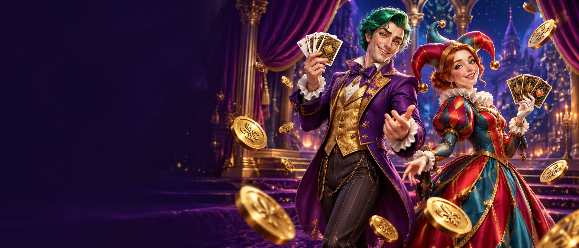 Zwei Harlekinfiguren auf einer violetten Bühne mit schwebenden Goldmünzen